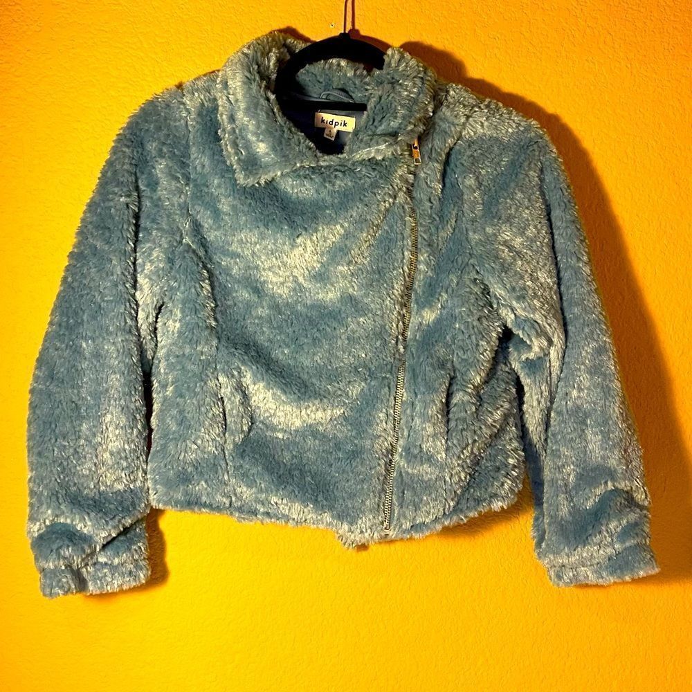 KIDPIK Faux Fur Zip Up Girls Jacket in Blue L 12 Pockets Cropped Coat Spring